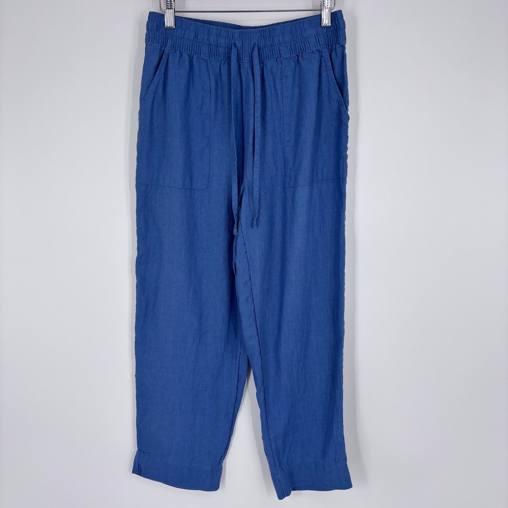 Sigrid Olsen 100% Linen Elastic Waist Drawstring Crop Pants Women S Blue Travel